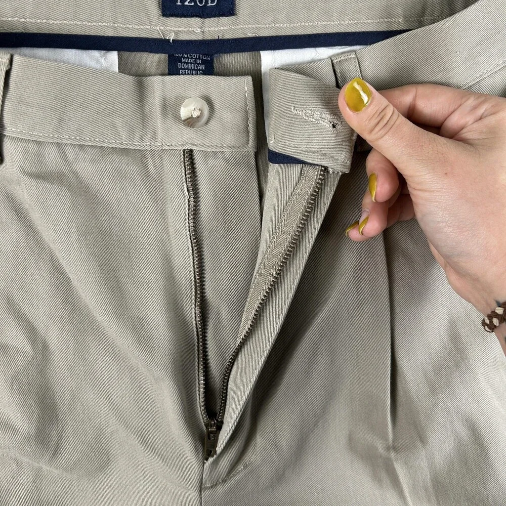 IZOD Pants Mens 35x30 Beige Wrinkle Free American Chino Pleated Cuffed